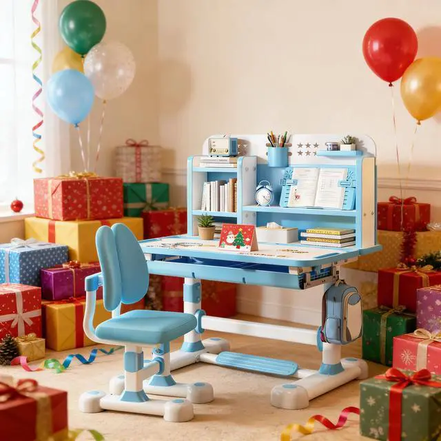 Main image of Upgraded Kids Desk and Chair Set,50 Degree Tiltable&Height Adjustable Ergonomic Study Table with Posture Corrector & Dual Back Support, 3-18 Years Adjustable Children's Desk Set with Storage (Blue)