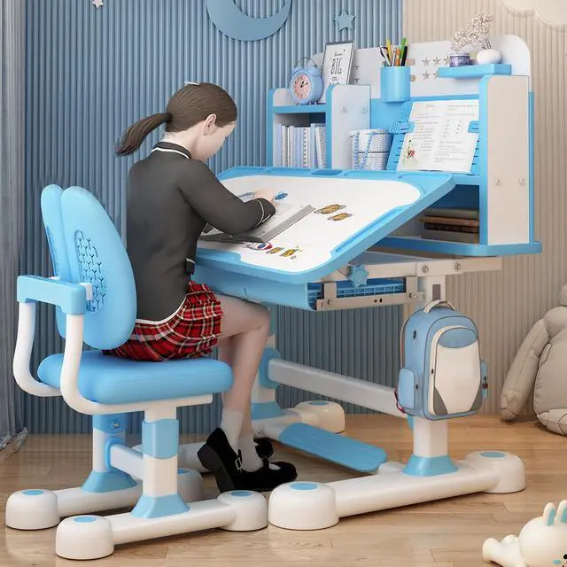 Alt view image 3 of 6 - Upgraded Kids Desk and Chair Set,50 Degree Tiltable&Height Adjustable Ergonomic Study Table with Posture Corrector & Dual Back Support, 3-18 Years Adjustable Children's Desk Set with Storage (Blue)