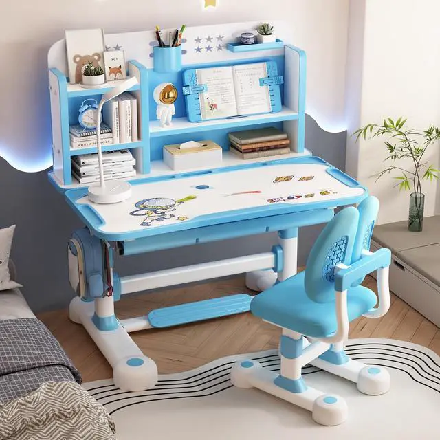 Alt view image 5 of 6 - Upgraded Kids Desk and Chair Set,50 Degree Tiltable&Height Adjustable Ergonomic Study Table with Posture Corrector & Dual Back Support, 3-18 Years Adjustable Children's Desk Set with Storage (Blue)