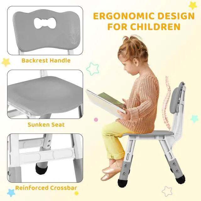 Alt view image 4 of 6 - Kids Table and 4 Chairs Set, Height Adjustable ((18.9"23.6"), Anti-Slip Childrens Activity Desk, Wipe-Clean Desktop, Montessori Learning, Drawing for Toddler, Classroom, Home & Daycare (Grey)