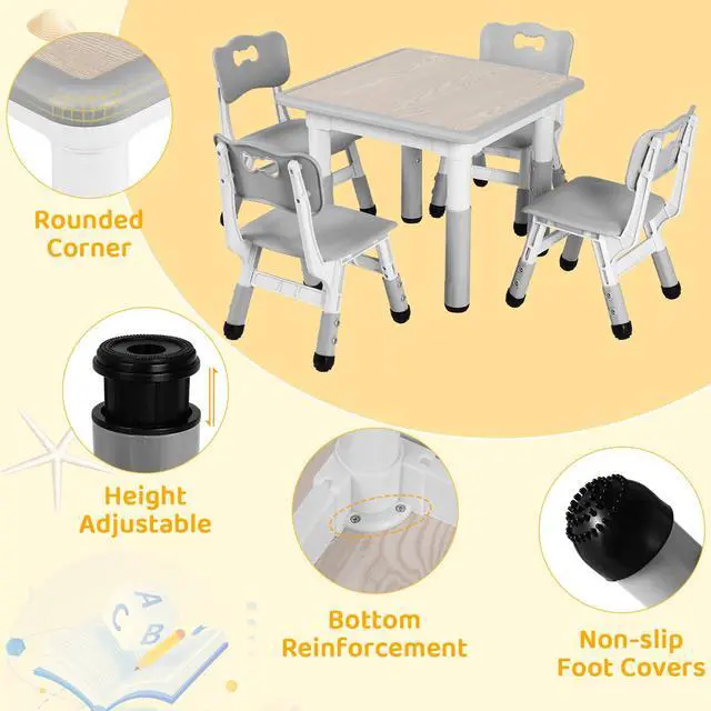 Alt view image 6 of 6 - Kids Table and 4 Chairs Set, Height Adjustable ((18.9"23.6"), Anti-Slip Childrens Activity Desk, Wipe-Clean Desktop, Montessori Learning, Drawing for Toddler, Classroom, Home & Daycare (Grey)