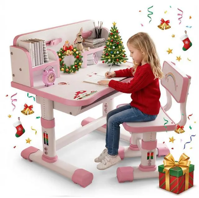 Main image of Height Adjustable Children's Desk and Chair Set with Storage Drawers for Home and Bedroom, Divided, School Study Room,Good for Homework,Gift for Boys and Girls (Pink)