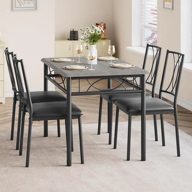 Alt view image 2 of 6 - Dining Table Set for 4, Kitchen Table and Chairs for 4, Rectangular Kitchen Table Set with Upholstered Chairs, Dining Room Table Set for Small Space, Apartment, Dinner, Retro Gray