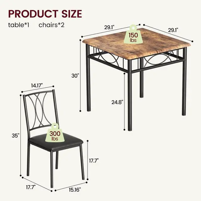 Alt view image 6 of 6 - Dining Table Set for 2, Kitchen Table and Chairs for 2, Square Kitchen Table Set with Upholstered Chairs, Dining Room Table Set for Small Space, Apartment, Dinner, Retro Brown