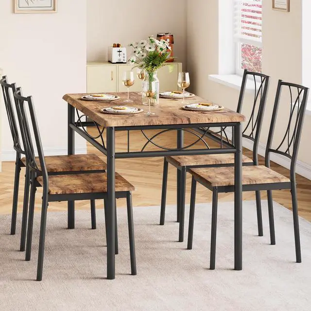 Alt view image 2 of 6 - Dining Table Set for 4, Kitchen Table and Chairs for 4, Rectangular Kitchen Table Set with Sturdy Chairs, Dining Room Table Set for Small Space, Apartment, Dinner, Retro Brown