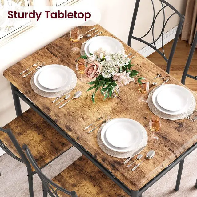 Alt view image 4 of 6 - Dining Table Set for 4, Kitchen Table and Chairs for 4, Rectangular Kitchen Table Set with Sturdy Chairs, Dining Room Table Set for Small Space, Apartment, Dinner, Retro Brown