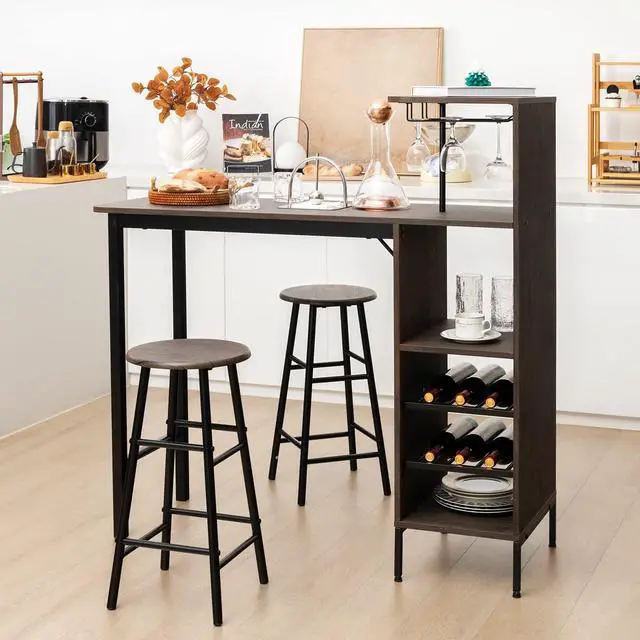 Main image of Moccha 3-Piece Bar Table Set, Dining Table Set with Storage Shelves, Glass Holder, Wine Rack, Kitchen Table with 2 Stools, Modern Counter Height Table Set for Dining Room, Living Room, Brown