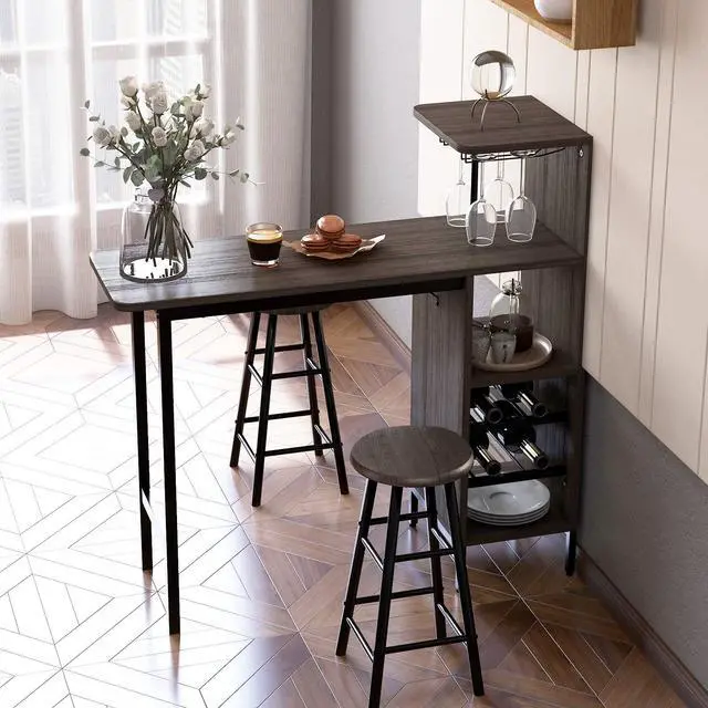 Alt view image 2 of 6 - Moccha 3-Piece Bar Table Set, Dining Table Set with Storage Shelves, Glass Holder, Wine Rack, Kitchen Table with 2 Stools, Modern Counter Height Table Set for Dining Room, Living Room, Brown
