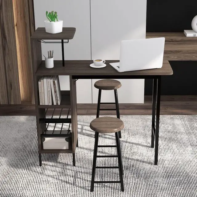 Alt view image 3 of 6 - Moccha 3-Piece Bar Table Set, Dining Table Set with Storage Shelves, Glass Holder, Wine Rack, Kitchen Table with 2 Stools, Modern Counter Height Table Set for Dining Room, Living Room, Brown