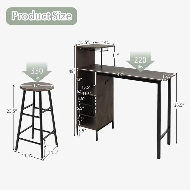 Alt view image 4 of 6 - Moccha 3-Piece Bar Table Set, Dining Table Set with Storage Shelves, Glass Holder, Wine Rack, Kitchen Table with 2 Stools, Modern Counter Height Table Set for Dining Room, Living Room, Brown