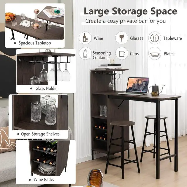 Alt view image 5 of 6 - Moccha 3-Piece Bar Table Set, Dining Table Set with Storage Shelves, Glass Holder, Wine Rack, Kitchen Table with 2 Stools, Modern Counter Height Table Set for Dining Room, Living Room, Brown