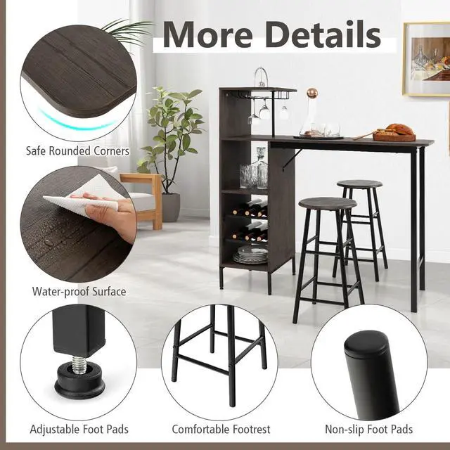 Alt view image 6 of 6 - Moccha 3-Piece Bar Table Set, Dining Table Set with Storage Shelves, Glass Holder, Wine Rack, Kitchen Table with 2 Stools, Modern Counter Height Table Set for Dining Room, Living Room, Brown