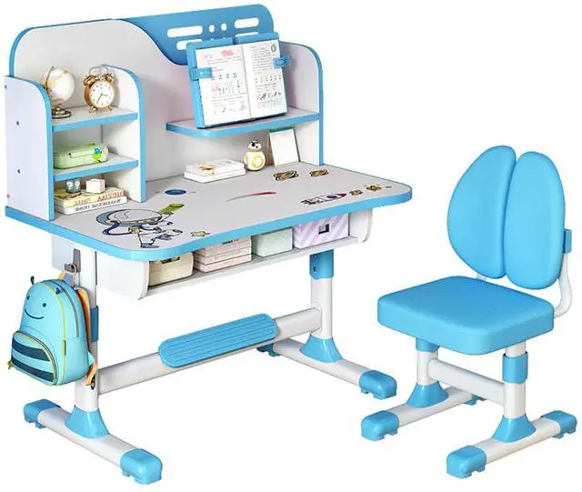 Main image of Upgraded Kid's Desk and Chair Set, Adjustable Children's Study Table with Bookshelf and Storage Drawer, 50-Degree Tiltable Desktop with Chair for Bedroom (Blue1 111cm)