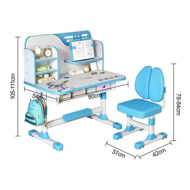 Alt view image 2 of 6 - Upgraded Kid's Desk and Chair Set, Adjustable Children's Study Table with Bookshelf and Storage Drawer, 50-Degree Tiltable Desktop with Chair for Bedroom (Blue1 111cm)