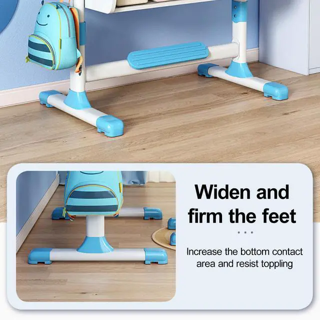 Alt view image 6 of 6 - Upgraded Kid's Desk and Chair Set, Adjustable Children's Study Table with Bookshelf and Storage Drawer, 50-Degree Tiltable Desktop with Chair for Bedroom (Blue1 111cm)