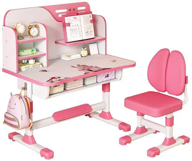 Main image of Upgraded Kid's Desk and Chair Set, Adjustable Children's Study Table with Bookshelf and Storage Drawer, 50-Degree Tiltable Desktop with Chair for Bedroom (Pink1 111cm)