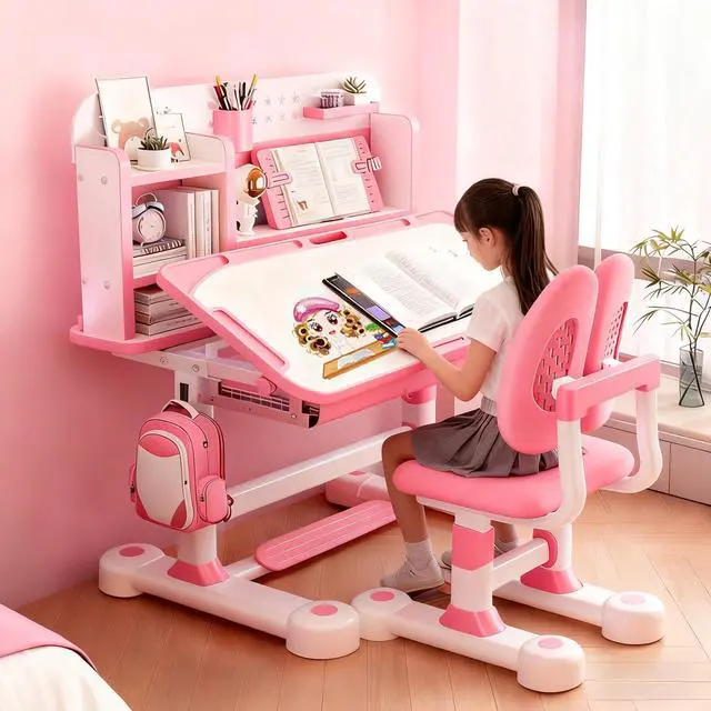 Main image of Height Adjustable Kids Desk and Chair Set, 0-50° Tiltable Desktop, Childrens Desk with Bookstand and Storage Drawer, Kids Study Table and Chair Set, Kid Study Table and Chair Set (Pink)