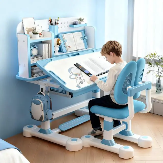 Main image of Height Adjustable Kids Desk and Chair Set, 0-50° Tiltable Desktop, Childrens Desk with Bookstand and Storage Drawer, Kids Study Table and Chair Set, Kid Study Table and Chair Set (Blue)