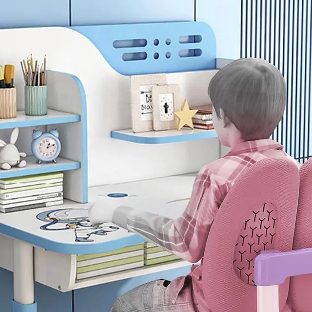 Alt view image 3 of 6 - Kids Desk and Chair Set, Height Adjustable Kids Art Desk, Ergonomic Study Table for Kids, Childrens Table and Chair Set with Cartoon Pattern, Drawer, Bookshelf, Spacious Table for Kids Blue