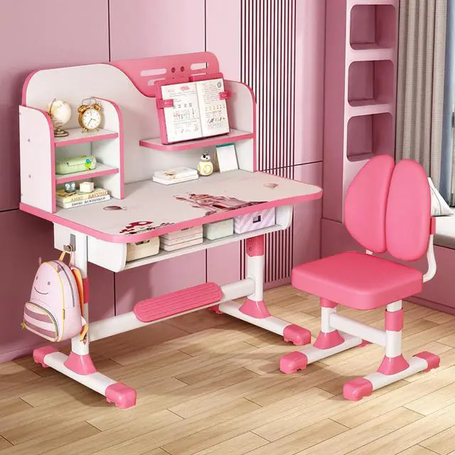 Main image of Kids Desk and Chair Set, Height Adjustable Kids Art Desk, Ergonomic Study Table for Kids, Childrens Table and Chair Set with Cartoon Pattern, Drawer, Bookshelf, Spacious Table for Kids Pink