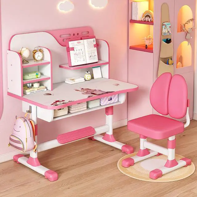 Alt view image 2 of 6 - Kids Desk and Chair Set, Height Adjustable Kids Art Desk, Ergonomic Study Table for Kids, Childrens Table and Chair Set with Cartoon Pattern, Drawer, Bookshelf, Spacious Table for Kids Pink