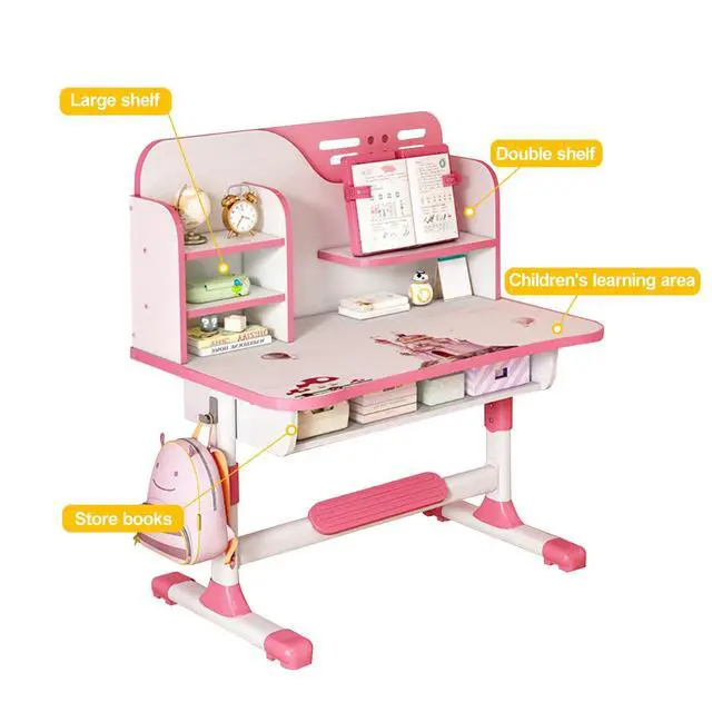 Alt view image 4 of 6 - Kids Desk and Chair Set, Height Adjustable Kids Art Desk, Ergonomic Study Table for Kids, Childrens Table and Chair Set with Cartoon Pattern, Drawer, Bookshelf, Spacious Table for Kids Pink