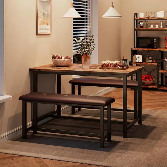 Alt view image 2 of 6 - Dining Table Set for 4, Kitchen Table with 2 Upholstered Benches, Rectangular Dining Room Table Set, 3 Piece Kitchen Table Set for Small Space, Apartment, Studio, Home, Rustic Brown