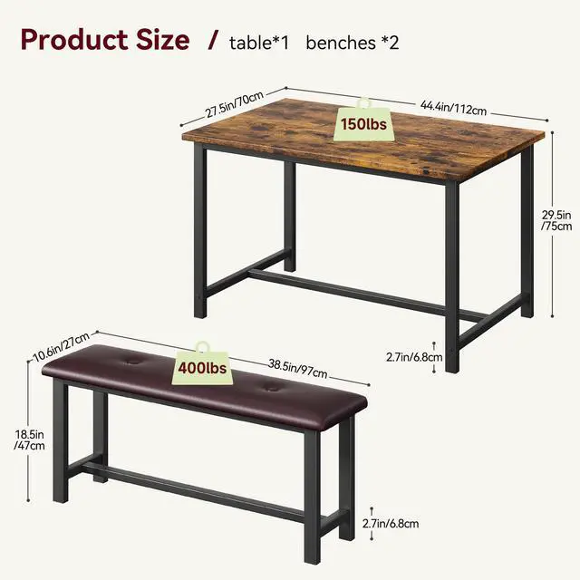 Alt view image 5 of 6 - Dining Table Set for 4, Kitchen Table with 2 Upholstered Benches, Rectangular Dining Room Table Set, 3 Piece Kitchen Table Set for Small Space, Apartment, Studio, Home, Rustic Brown