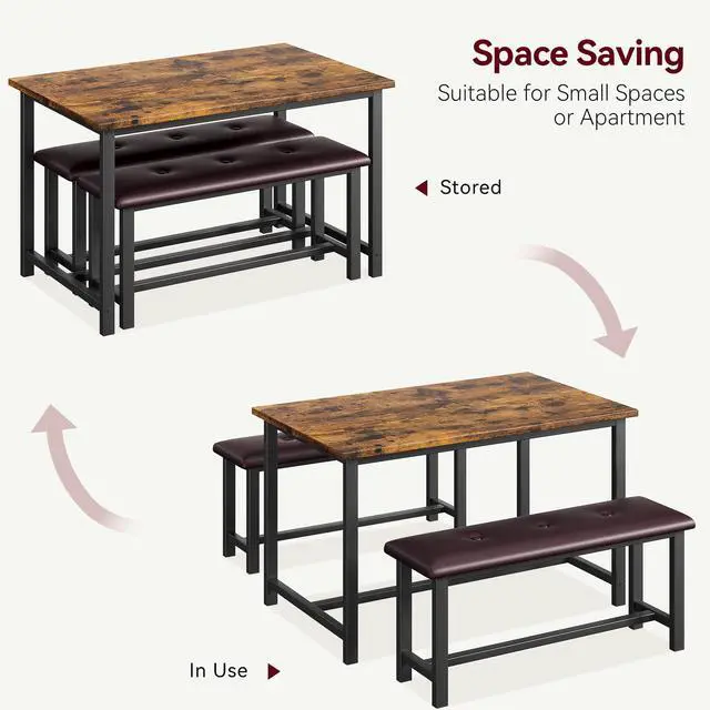 Alt view image 6 of 6 - Dining Table Set for 4, Kitchen Table with 2 Upholstered Benches, Rectangular Dining Room Table Set, 3 Piece Kitchen Table Set for Small Space, Apartment, Studio, Home, Rustic Brown