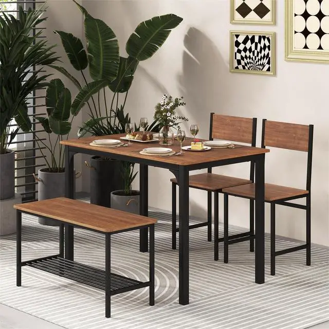 Alt view image 2 of 6 - Moccha Dining Table Set for 4, Wooden Kitchen Table with with 2 Chairs and a Long Bench, Modern 4-Piece Dinette with Metal Frame & Storage Rack, Space-Saving Table Set for Dining Room, Teak