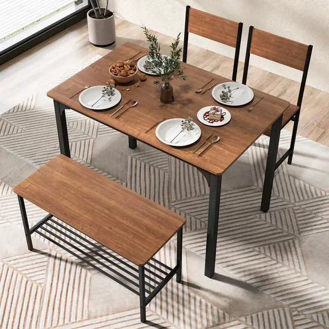 Alt view image 3 of 6 - Moccha Dining Table Set for 4, Wooden Kitchen Table with with 2 Chairs and a Long Bench, Modern 4-Piece Dinette with Metal Frame & Storage Rack, Space-Saving Table Set for Dining Room, Teak