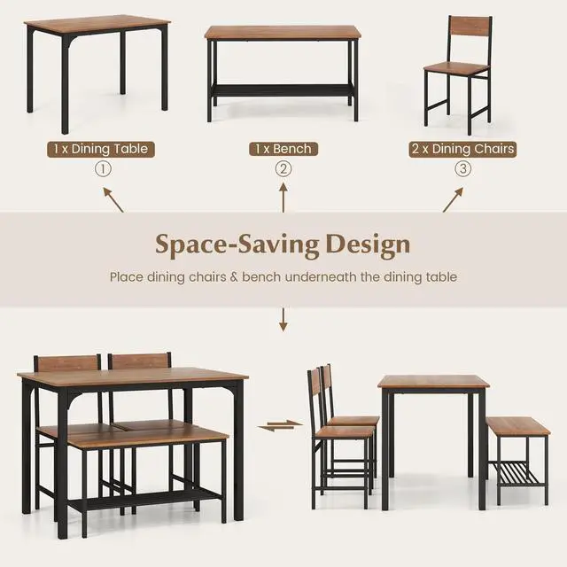 Alt view image 4 of 6 - Moccha Dining Table Set for 4, Wooden Kitchen Table with with 2 Chairs and a Long Bench, Modern 4-Piece Dinette with Metal Frame & Storage Rack, Space-Saving Table Set for Dining Room, Teak