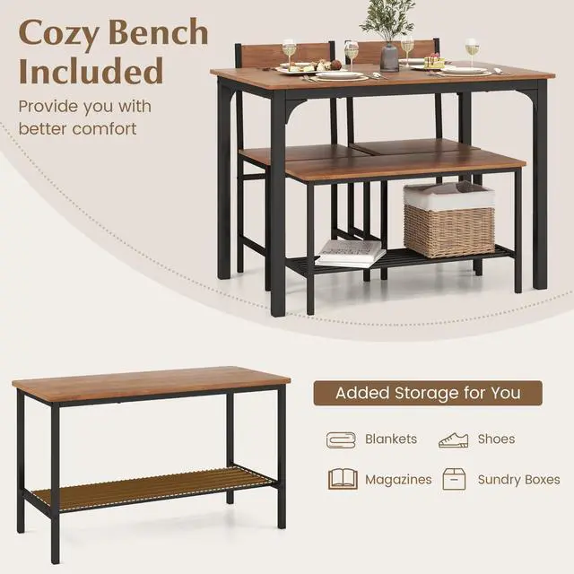 Alt view image 5 of 6 - Moccha Dining Table Set for 4, Wooden Kitchen Table with with 2 Chairs and a Long Bench, Modern 4-Piece Dinette with Metal Frame & Storage Rack, Space-Saving Table Set for Dining Room, Teak