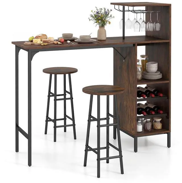 Main image of 3 Pieces Bar Table and Chair Set, Industrial Pub Table & Stools with Wine Glass Holders & 6-Bottle Wine Racks, Counter Height Dining Table Set for Living Room Dining Room Kitchen (Coffee)