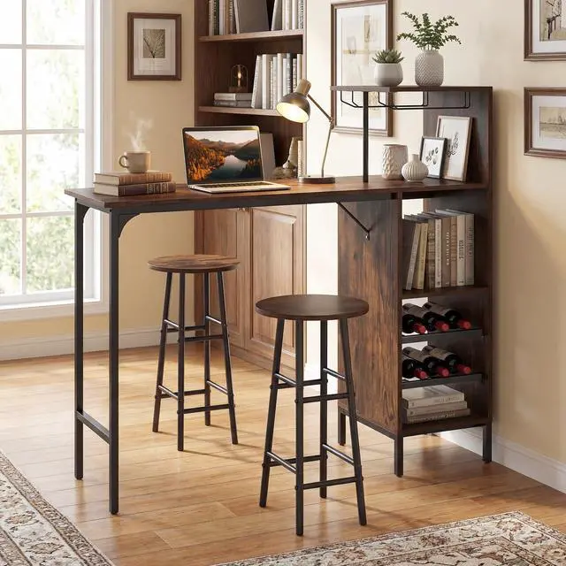 Alt view image 3 of 6 - 3 Pieces Bar Table and Chair Set, Industrial Pub Table & Stools with Wine Glass Holders & 6-Bottle Wine Racks, Counter Height Dining Table Set for Living Room Dining Room Kitchen (Coffee)
