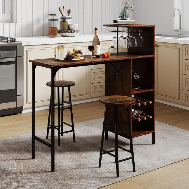 Alt view image 4 of 6 - 3 Pieces Bar Table and Chair Set, Industrial Pub Table & Stools with Wine Glass Holders & 6-Bottle Wine Racks, Counter Height Dining Table Set for Living Room Dining Room Kitchen (Coffee)