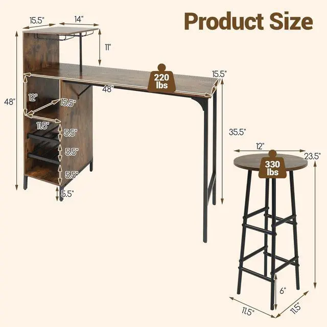 Alt view image 5 of 6 - 3 Pieces Bar Table and Chair Set, Industrial Pub Table & Stools with Wine Glass Holders & 6-Bottle Wine Racks, Counter Height Dining Table Set for Living Room Dining Room Kitchen (Coffee)