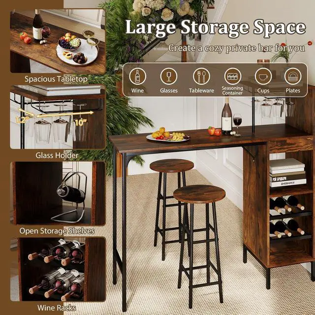 Alt view image 6 of 6 - 3 Pieces Bar Table and Chair Set, Industrial Pub Table & Stools with Wine Glass Holders & 6-Bottle Wine Racks, Counter Height Dining Table Set for Living Room Dining Room Kitchen (Coffee)