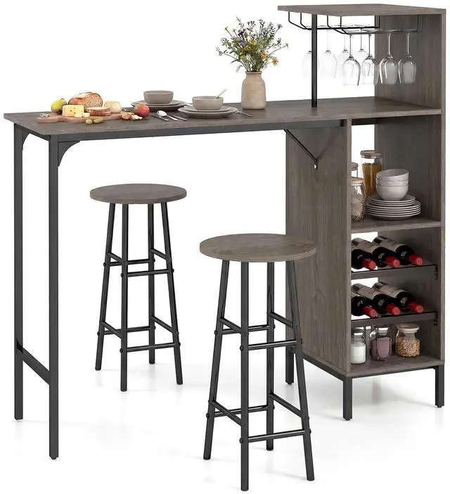 Main image of 3 Pieces Bar Table and Chair Set, Industrial Pub Table & Stools with Wine Glass Holders & 6-Bottle Wine Racks, Counter Height Dining Table Set for Living Room Dining Room Kitchen (Oak Gray)