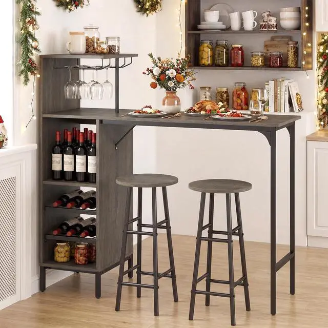 Alt view image 2 of 6 - 3 Pieces Bar Table and Chair Set, Industrial Pub Table & Stools with Wine Glass Holders & 6-Bottle Wine Racks, Counter Height Dining Table Set for Living Room Dining Room Kitchen (Oak Gray)