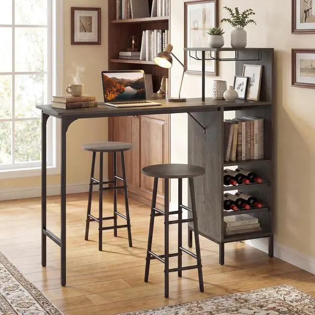 Alt view image 3 of 6 - 3 Pieces Bar Table and Chair Set, Industrial Pub Table & Stools with Wine Glass Holders & 6-Bottle Wine Racks, Counter Height Dining Table Set for Living Room Dining Room Kitchen (Oak Gray)