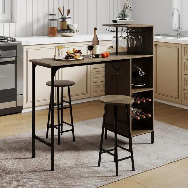 Alt view image 4 of 6 - 3 Pieces Bar Table and Chair Set, Industrial Pub Table & Stools with Wine Glass Holders & 6-Bottle Wine Racks, Counter Height Dining Table Set for Living Room Dining Room Kitchen (Oak Gray)