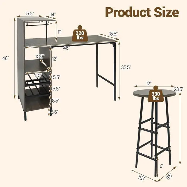 Alt view image 5 of 6 - 3 Pieces Bar Table and Chair Set, Industrial Pub Table & Stools with Wine Glass Holders & 6-Bottle Wine Racks, Counter Height Dining Table Set for Living Room Dining Room Kitchen (Oak Gray)