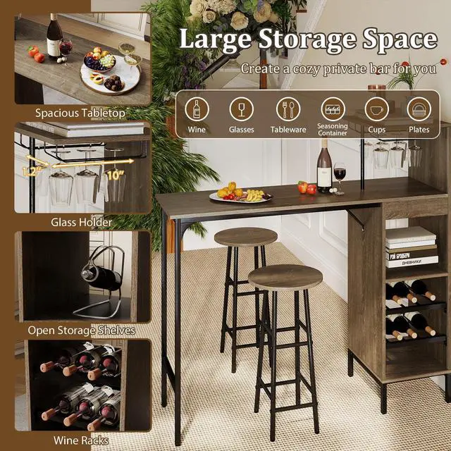 Alt view image 6 of 6 - 3 Pieces Bar Table and Chair Set, Industrial Pub Table & Stools with Wine Glass Holders & 6-Bottle Wine Racks, Counter Height Dining Table Set for Living Room Dining Room Kitchen (Oak Gray)