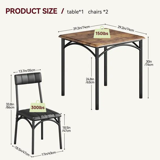 Alt view image 2 of 6 - 2-Person Dining Table Set (3 Pieces) - Square Kitchen Table with Upholstered Chairs | Ideal Small Space Dining Set for Apartments, Studios | Compact Kitchen Dining Set for 2 Adults/Kids