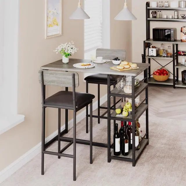 Main image of 3 Bar Height Tables and Chairs, Small Dining Table for 2 People, Breakfast Table with 3 Storage Shelves, 2 Upholstered Stools with Backrests Suitable for Restaurants, Apartments and Bistros