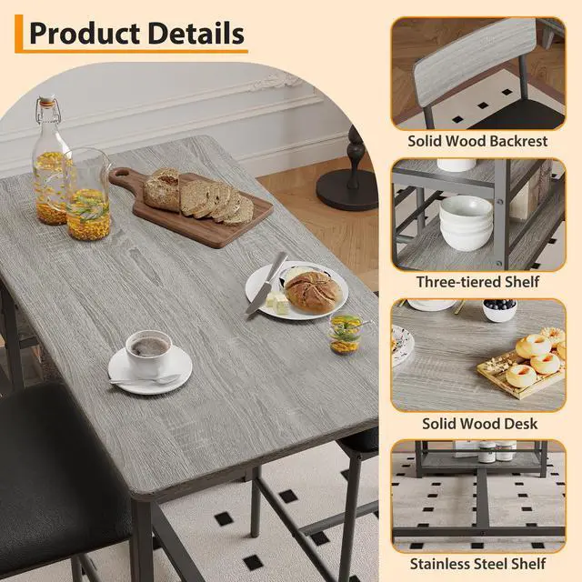 Alt view image 4 of 6 - 3 Bar Height Tables and Chairs, Small Dining Table for 2 People, Breakfast Table with 3 Storage Shelves, 2 Upholstered Stools with Backrests Suitable for Restaurants, Apartments and Bistros