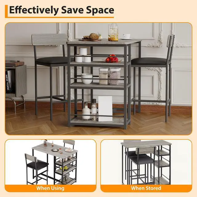 Alt view image 6 of 6 - 3 Bar Height Tables and Chairs, Small Dining Table for 2 People, Breakfast Table with 3 Storage Shelves, 2 Upholstered Stools with Backrests Suitable for Restaurants, Apartments and Bistros
