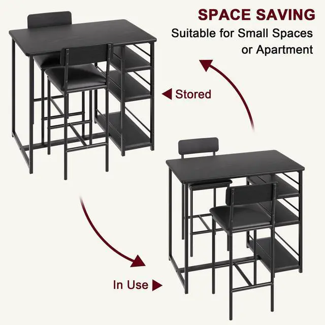 Alt view image 3 of 6 - 3 Bar Height Tables and Chairs, Small Dining Table for 2 People, Breakfast Table with 3 Storage Shelves, 2 Upholstered Stools with Backrests Suitable for Restaurants, Apartments and Bistros