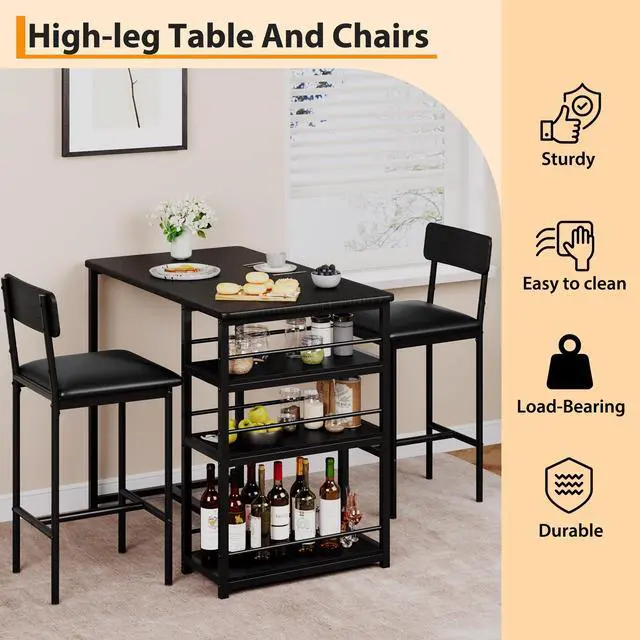 Alt view image 5 of 6 - 3 Bar Height Tables and Chairs, Small Dining Table for 2 People, Breakfast Table with 3 Storage Shelves, 2 Upholstered Stools with Backrests Suitable for Restaurants, Apartments and Bistros